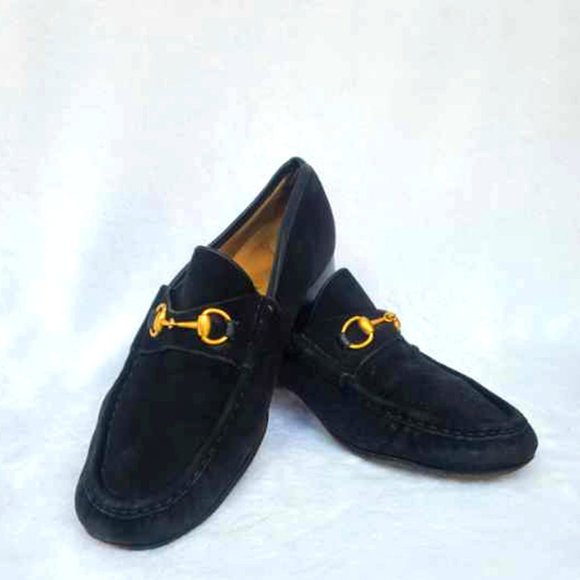 Gucci Shoes - Authentic Vintage Classic Black Suede leather & Gold Horse-bit Gucci loafers 9.5